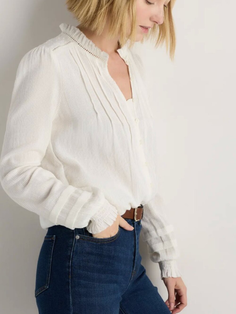 Organic Textured Cotton Peasant Blouse White Size XS - Picture 9 of 9